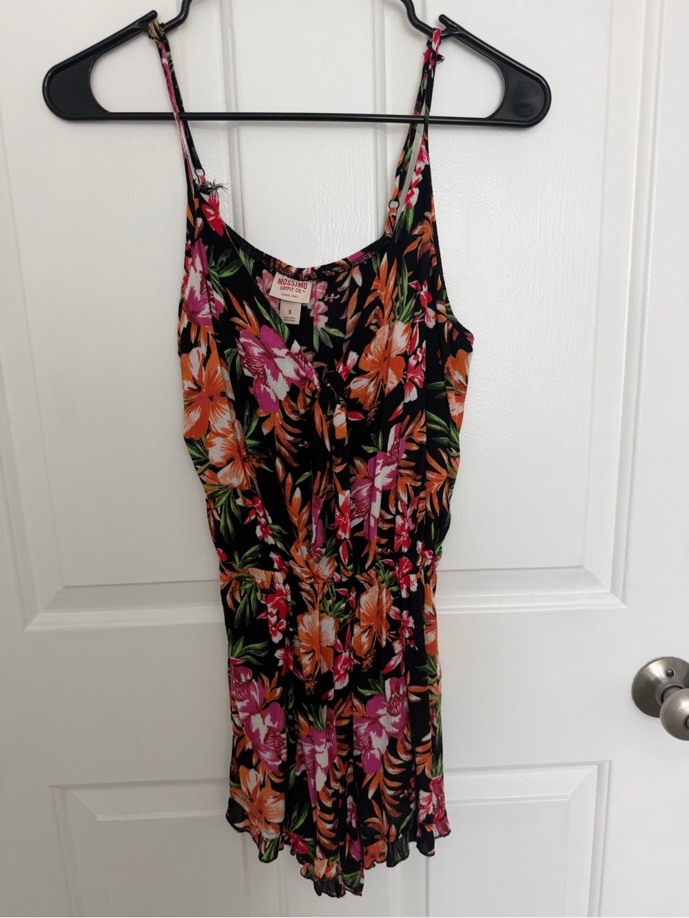 Mossimo Supply Co. Black Floral Tropical Romper with Pink & Orange Flowers